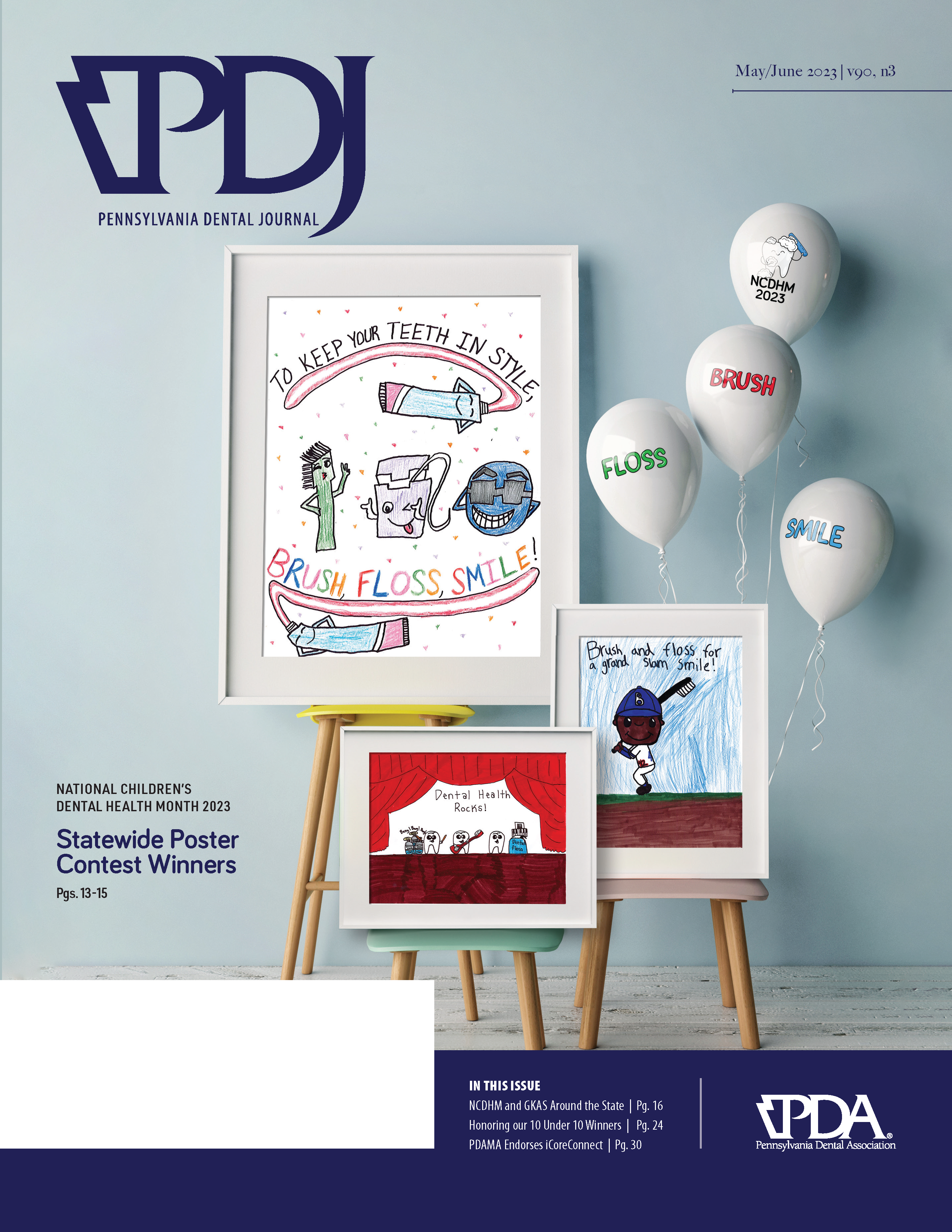 Three painting easels featuring children's artwork about oral health next to floating balloons with the words Brush, Floss and Smile on them.