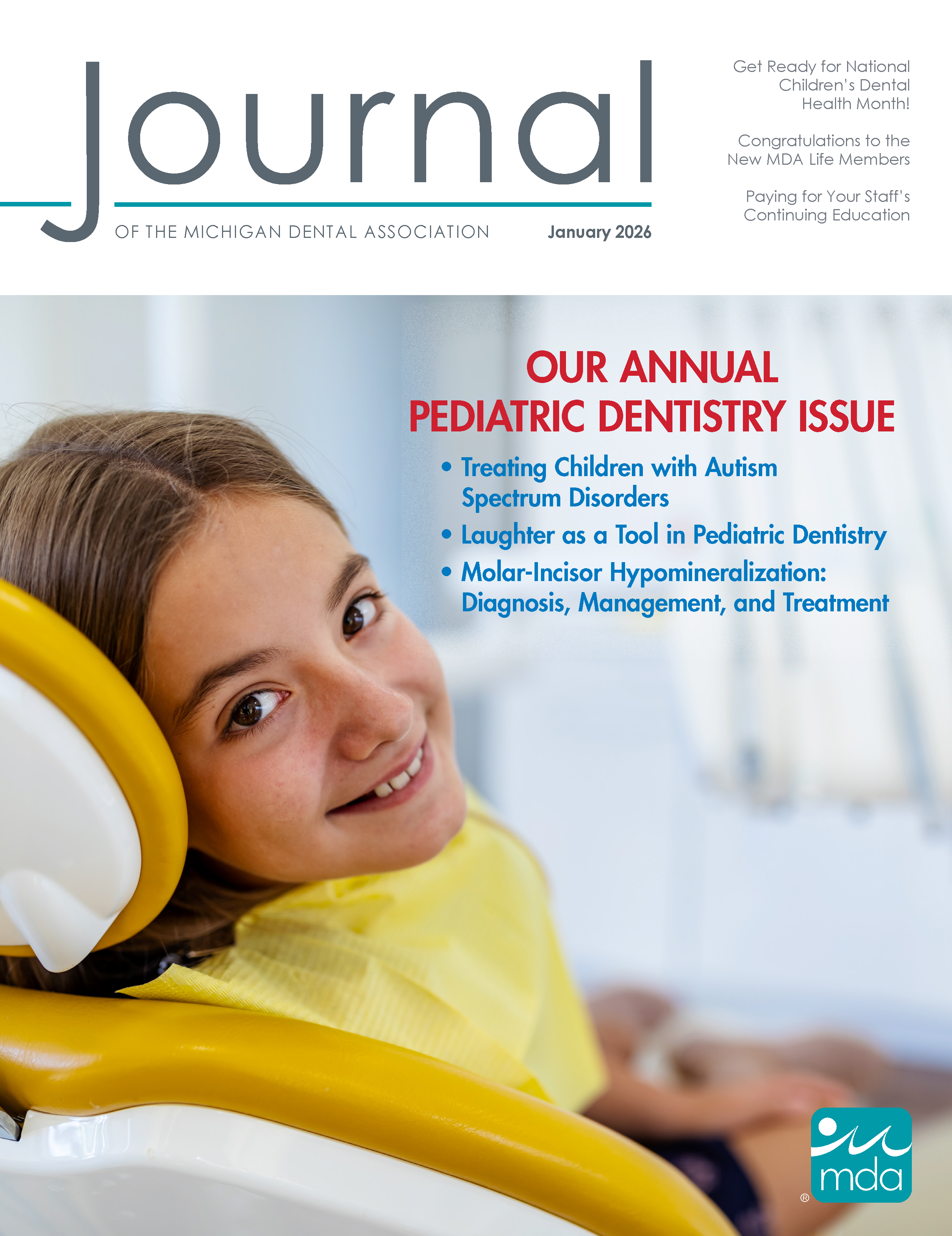 Cover of the Journal of the Michigan Dental Association with a child seated in a dental chair smiling.