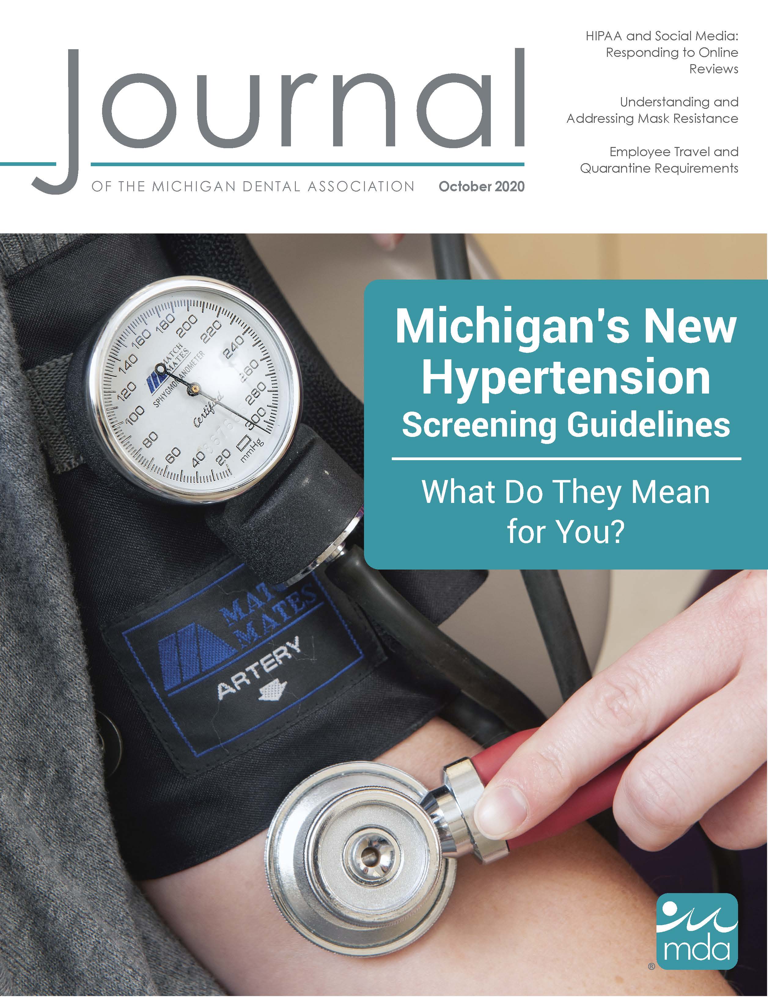 Cover of the Journal of the Michigan Dental Association with a close-up of blood pressure being taken with a cuff and stethoscope.