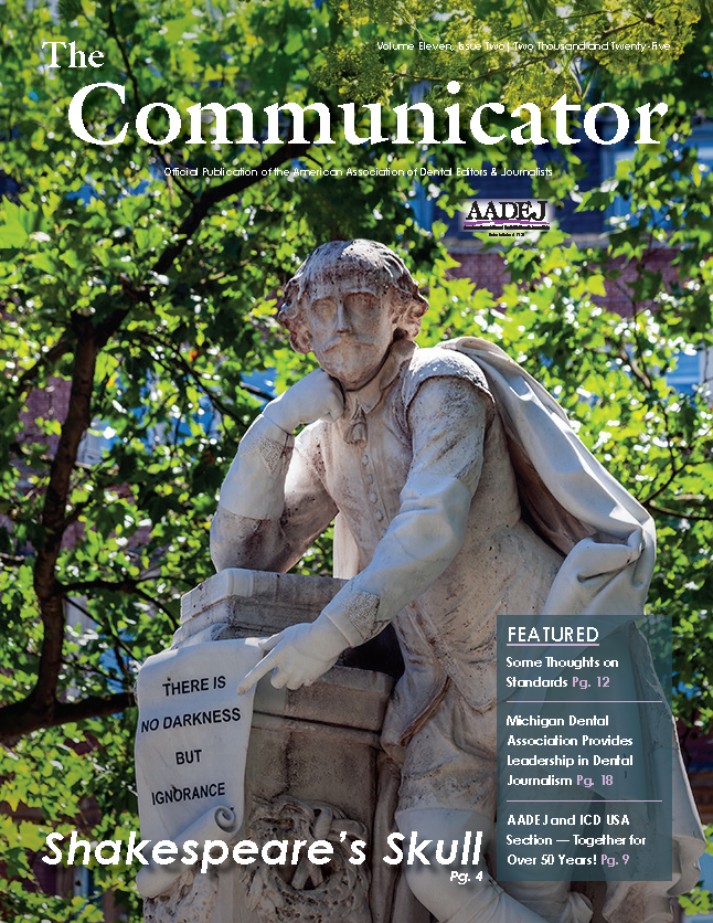 Cover of The Communicator features a large sculpture of William Shakespeare with the quote, 