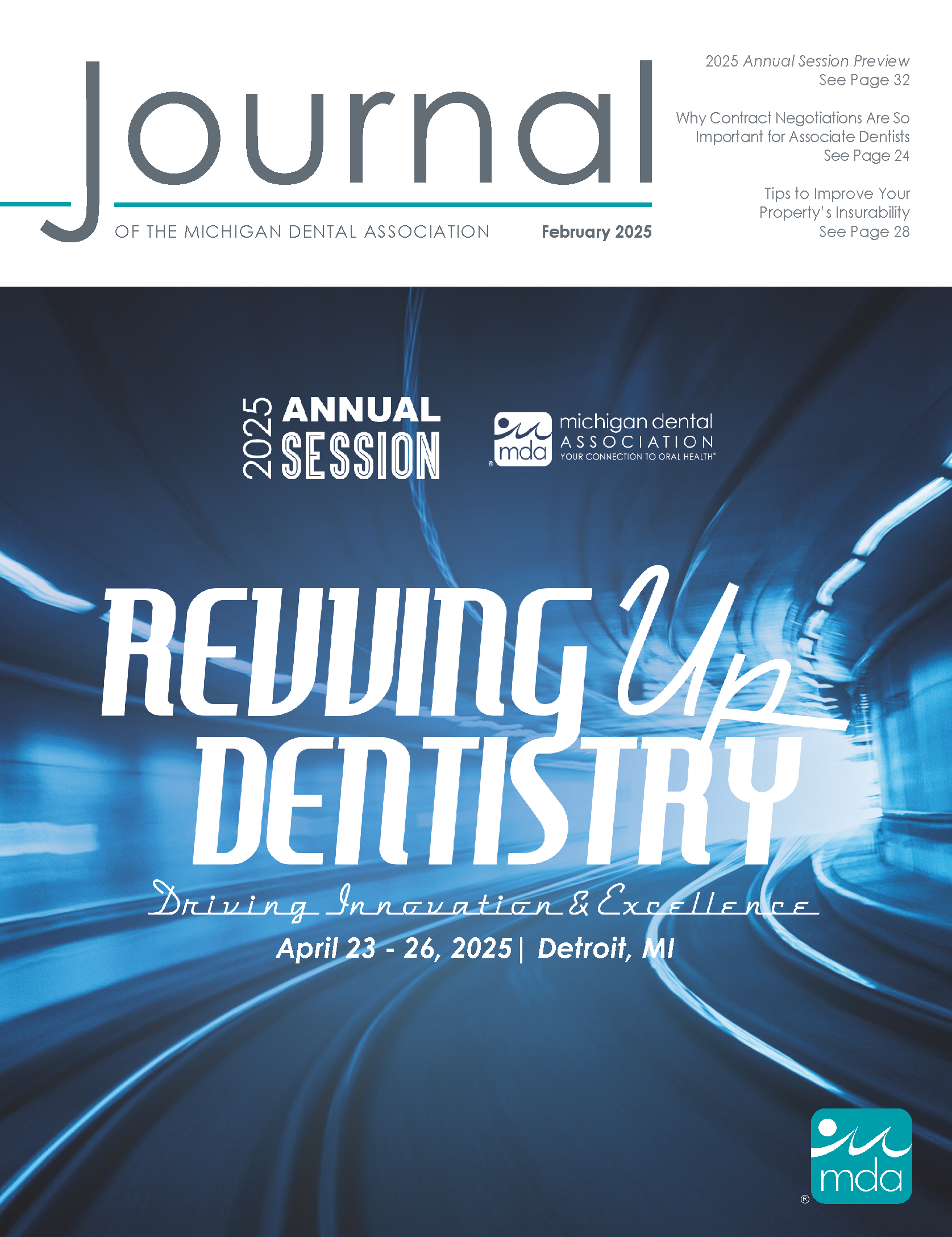 Cover of the Journal of the Michigan Dental Association with a blue tunnel blurred by speed with the text 