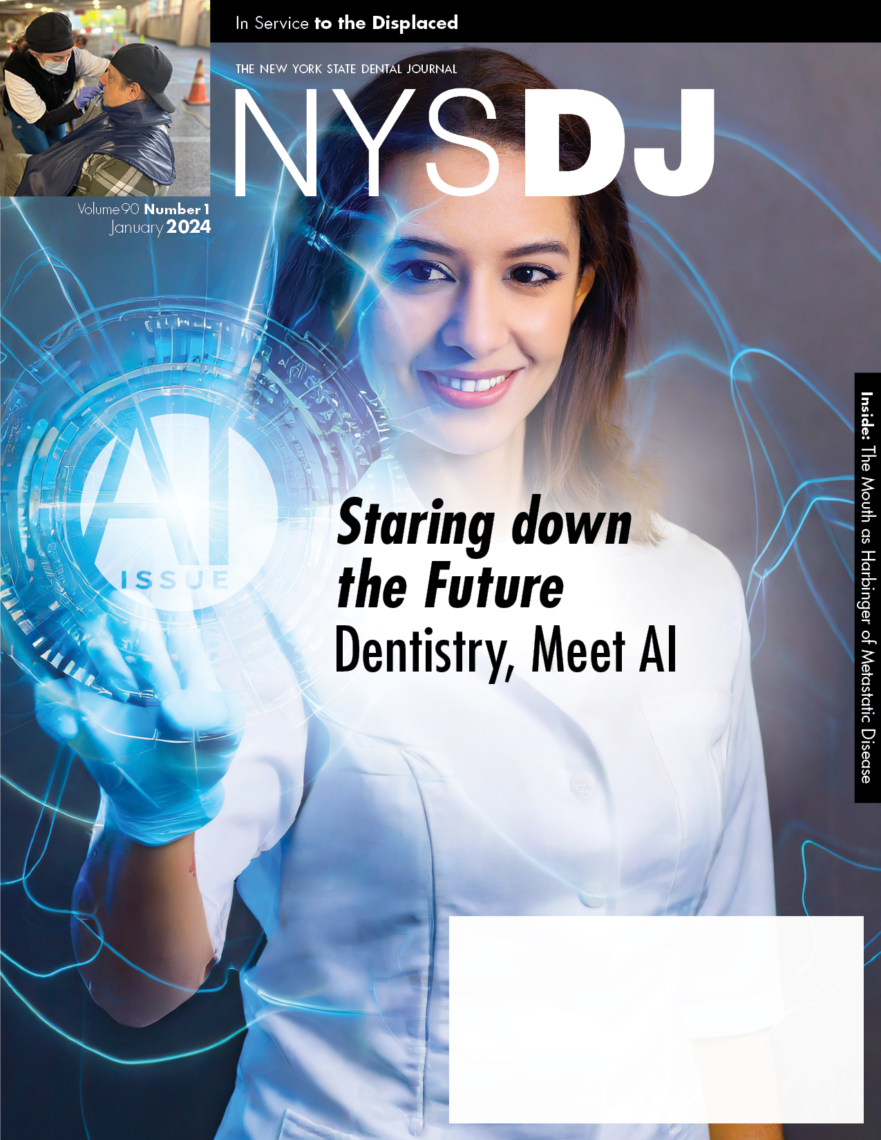 Cover of the NYSDJ with a smiling person in a white coat and nitrile gloves touching a glowing, digital AI button with electricity coming out of it.