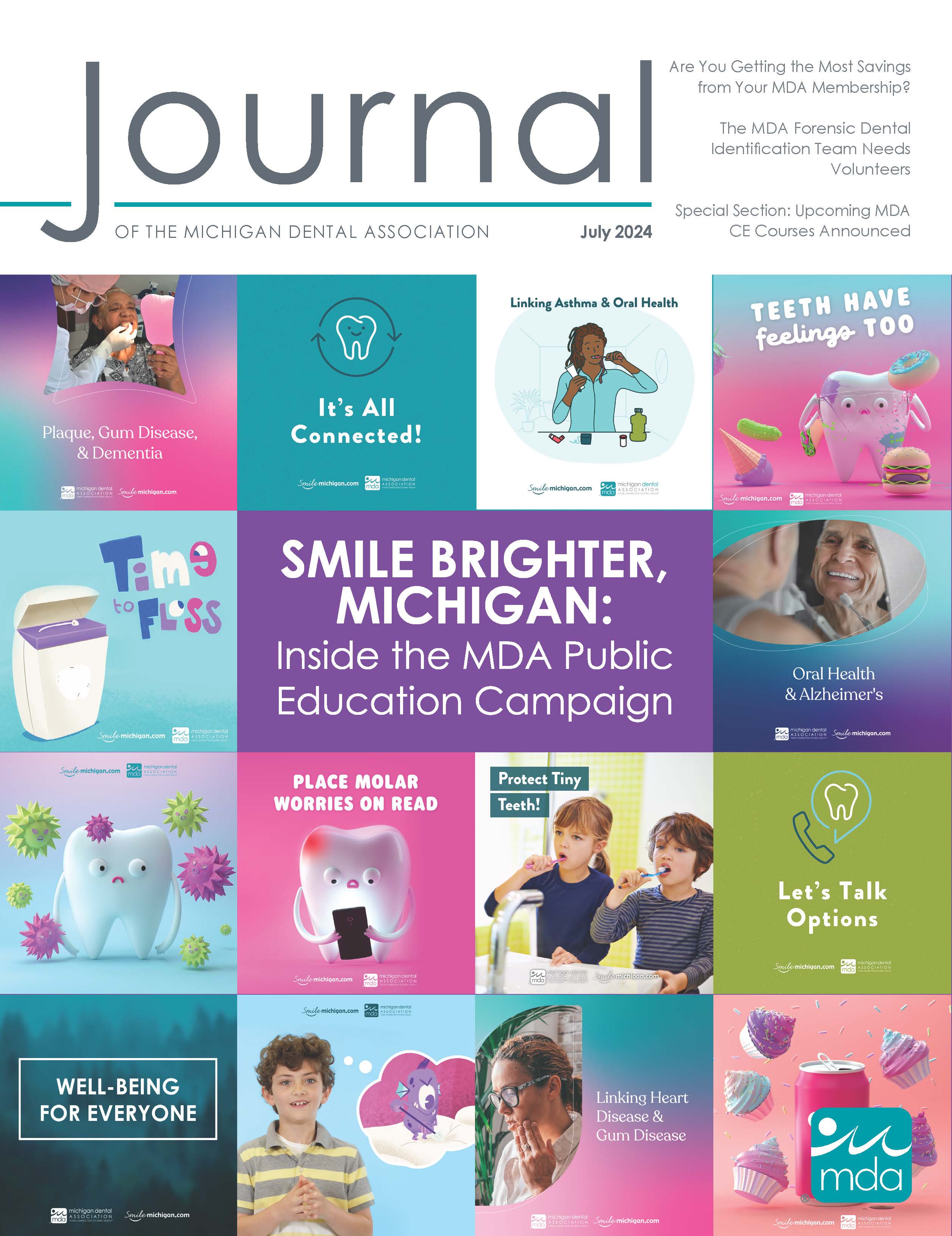 Cover of the Journal of the Michigan Dental Association with 14 boxes filled with colorful pictures and messages from the MDA public health campaign.