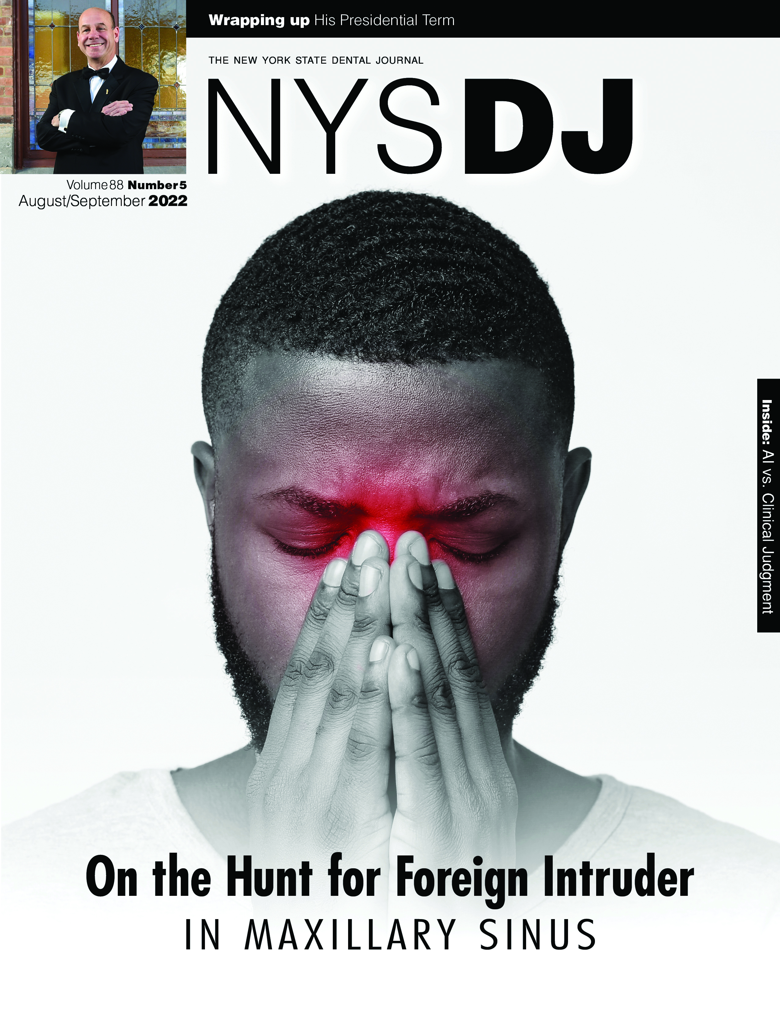 Cover of the NYSDJ with a person holding their nose, the nose is glowing red around their hands.