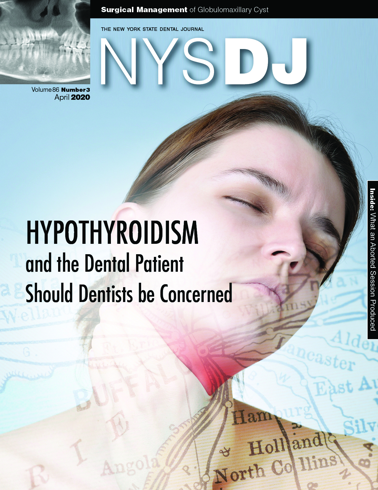 Cover of the NYSDJ with a photo of a person looking pained and grabbing their inflamed throat. A map is overlaid.