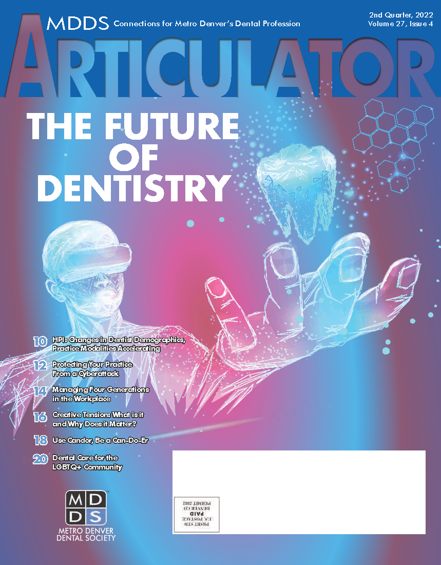 Cover of the Metro Denver Dental Society's Articulator magazine with blue, red and pink drawing of a person using virtual reality glasses viewing a VR tooth.