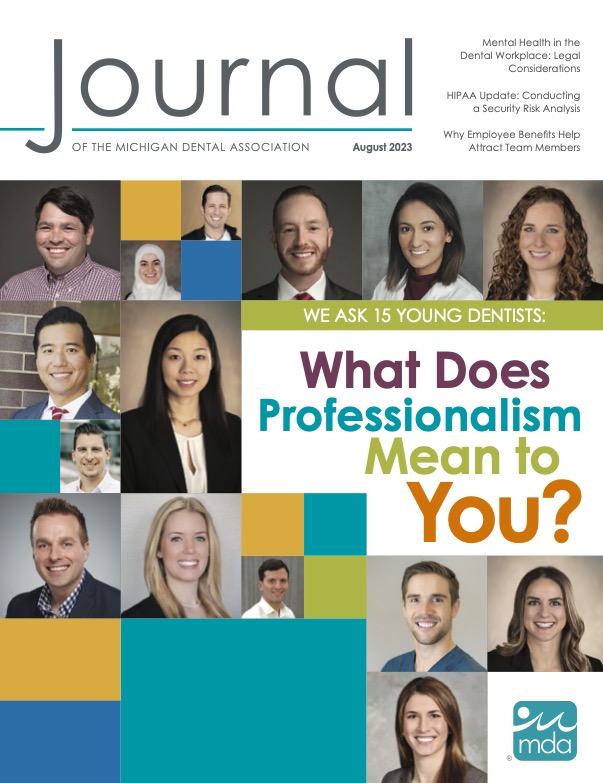 Journal of the Michigan Dental Association August 2023 cover image with professional headshots of 15 people and the text 
