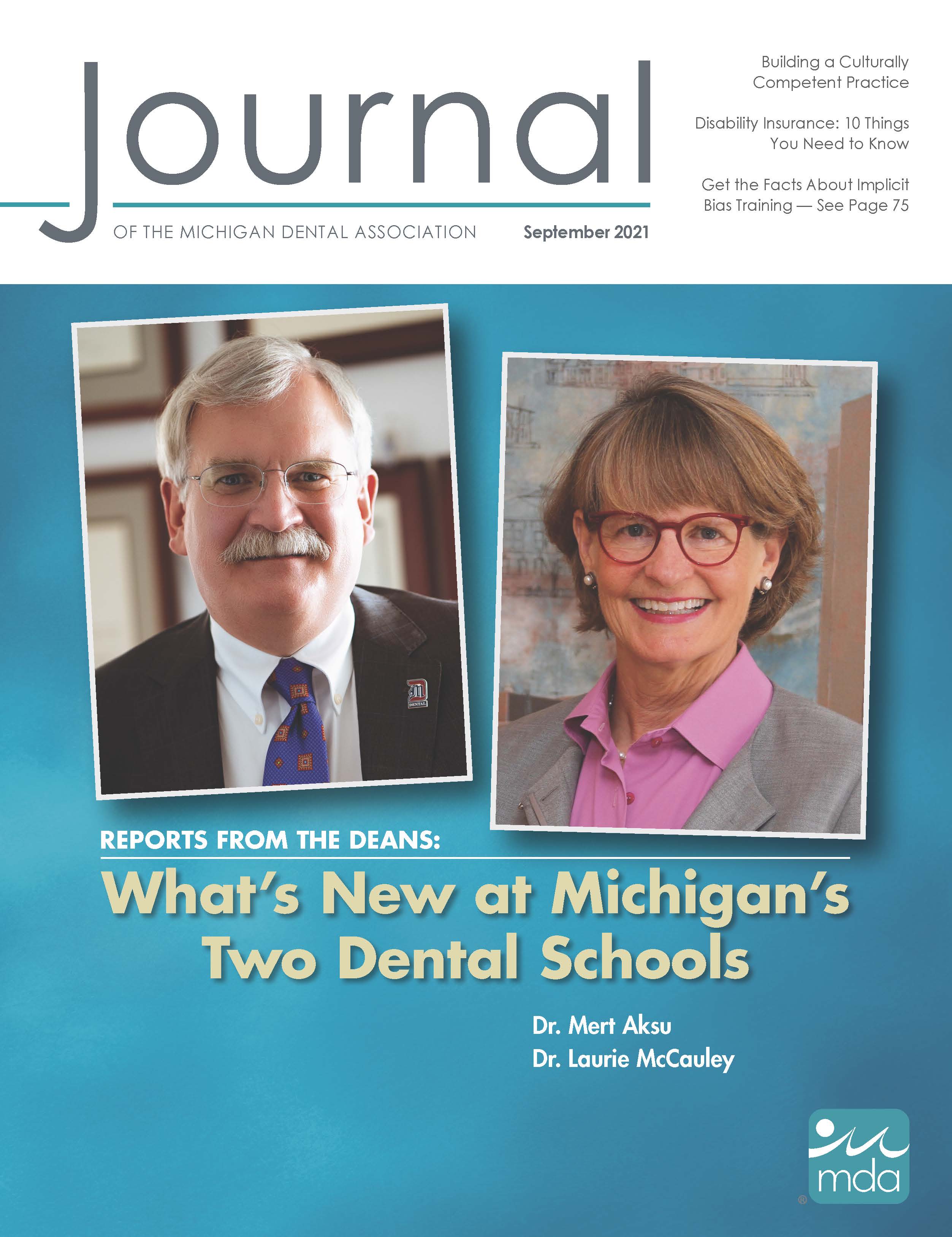 Cover of the Journal of the Michigan Dental Association with the headshots of Dr. Mert Aksu and Dr. Laurie McCauley
