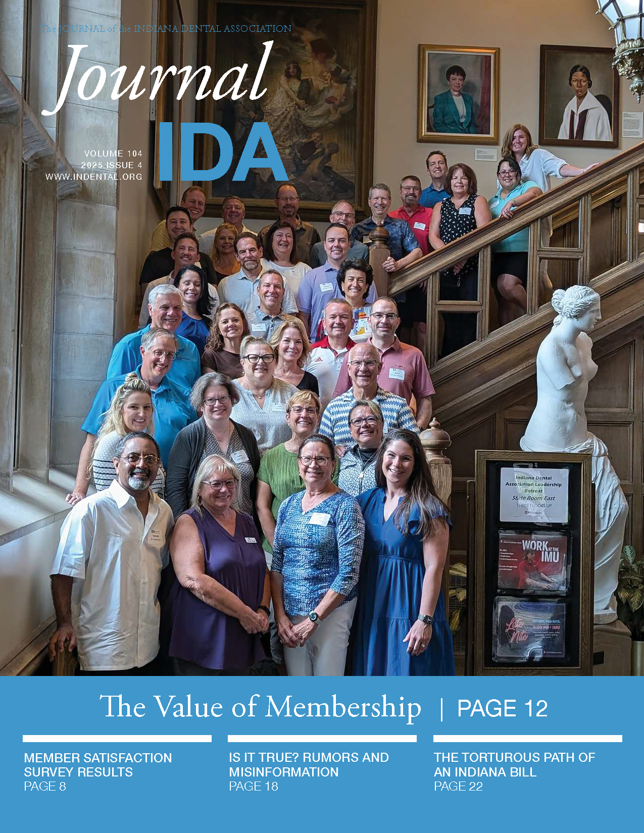 Cover features image of a group of approximately 35 IDA members standing along a staircase.