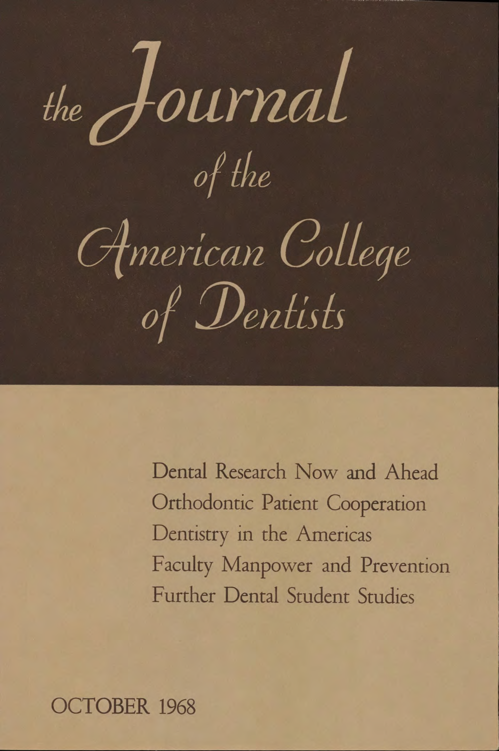 Brown JACD cover. The top half is dark brown with the journal title. The bottom half is light brown with featured headlines.