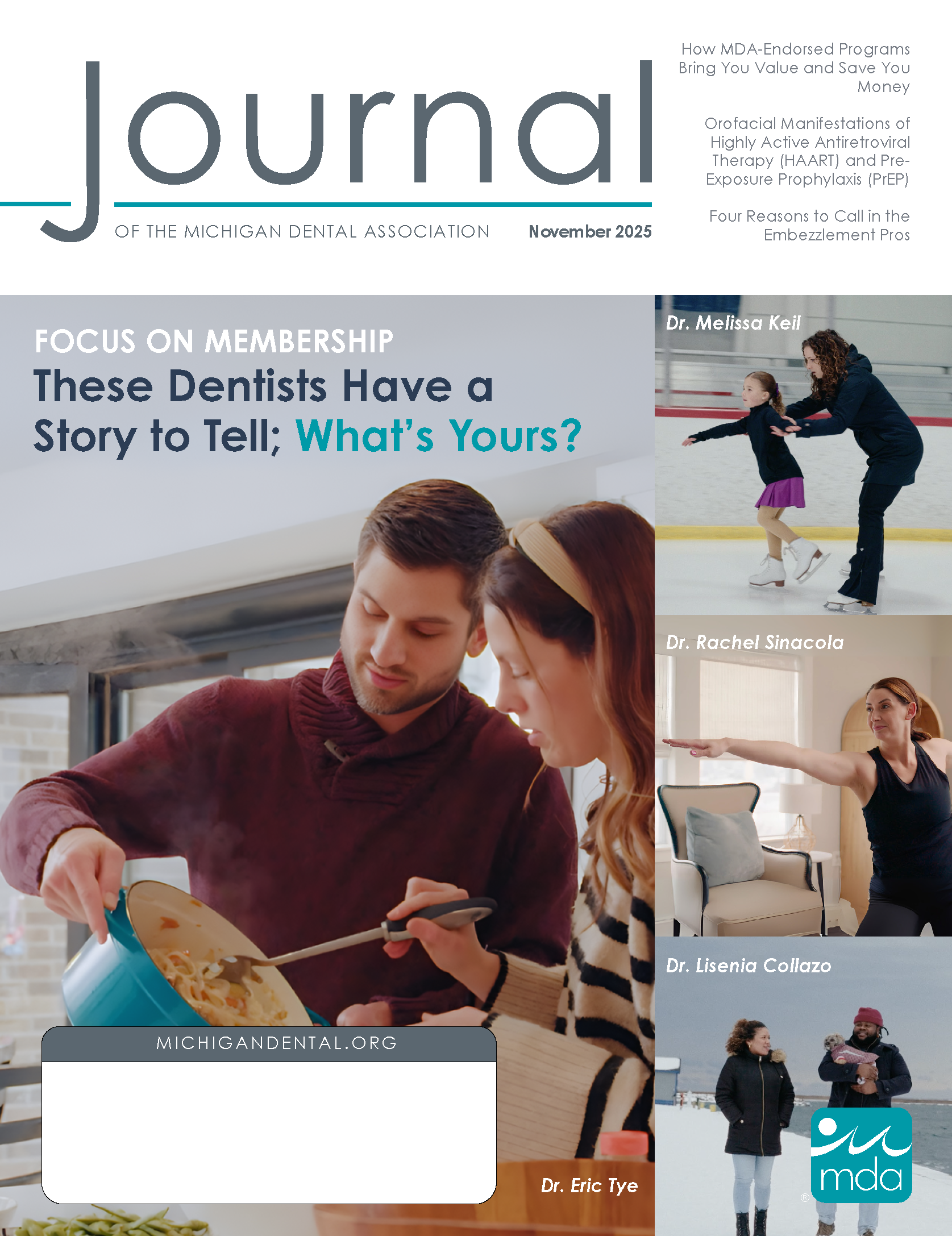 Photos of dentists in their personal life - Dr. Eric Tye cooking with his wife, Dr. Melissa Keil ice skating with a child, Dr. Rachel Sinacola doing yoga, Dr. Lisenia Collazo walking in the snow with a man holding a baby